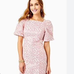 Lily Pulitzer Taffia Dress Calla Lily Pink Leopard print Puff Sleeves size 10